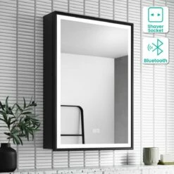 Mia Black Framed Illuminated LED Mirror Cabinet With BLUETOOTH Speaker 710x500mm