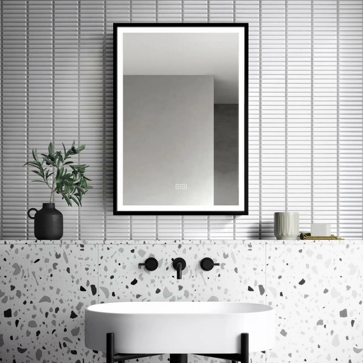 Mia Black Framed Illuminated LED Mirror Cabinet With BLUETOOTH Speaker 710x500mm - Image 2