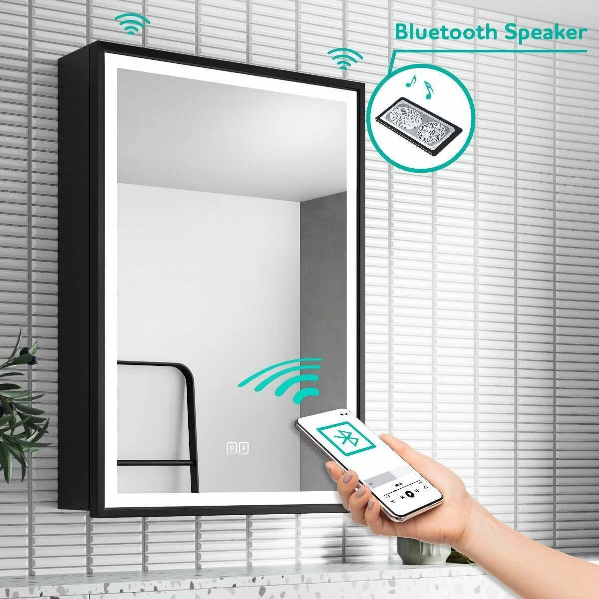 Mia Black Framed Illuminated LED Mirror Cabinet With BLUETOOTH Speaker 710x500mm - Image 6