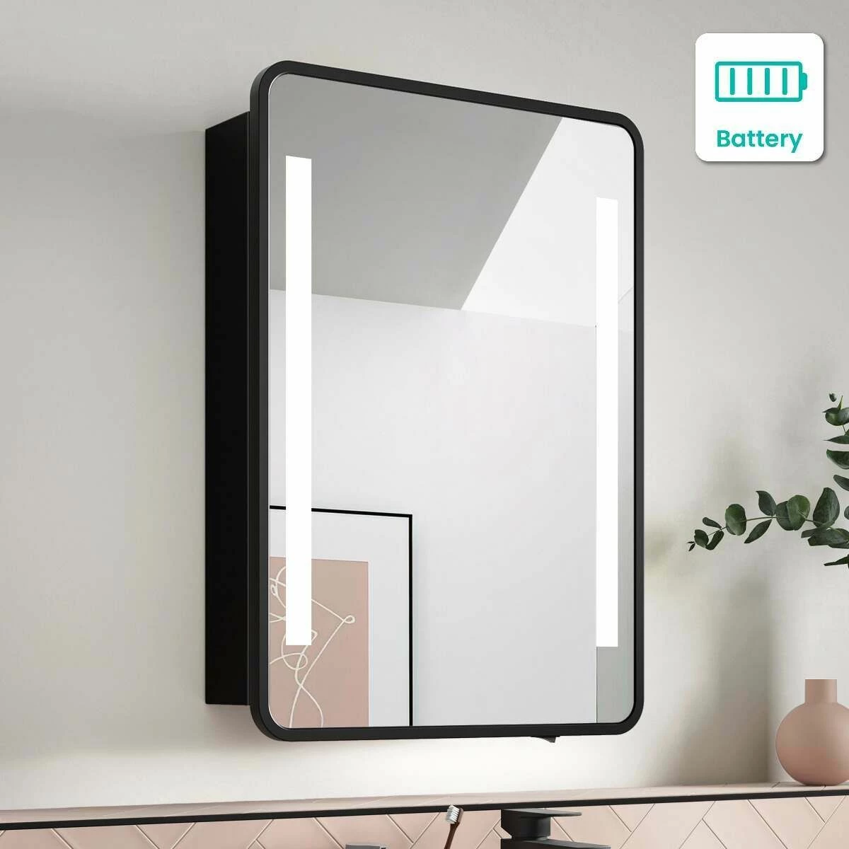 Olivia Battery Operated Black Framed Illuminated LED Mirror Cabinet 710x500mm