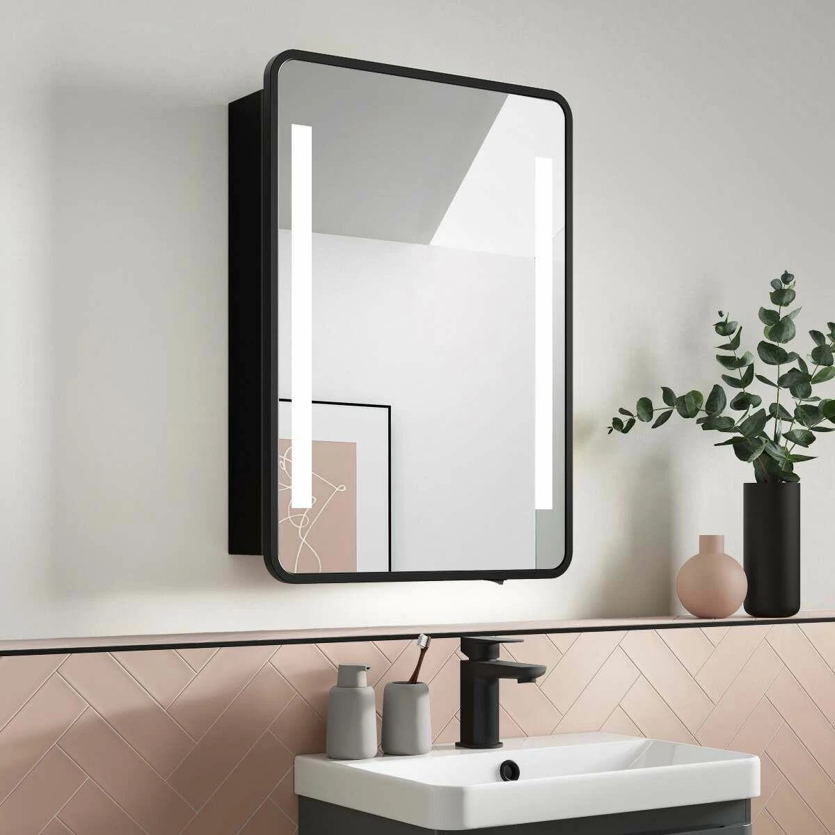 Olivia Battery Operated Black Framed Illuminated LED Mirror Cabinet 710x500mm - Image 2