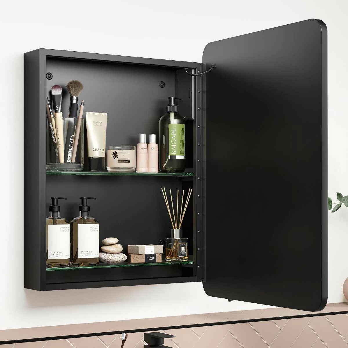 Olivia Battery Operated Black Framed Illuminated LED Mirror Cabinet 710x500mm - Image 3