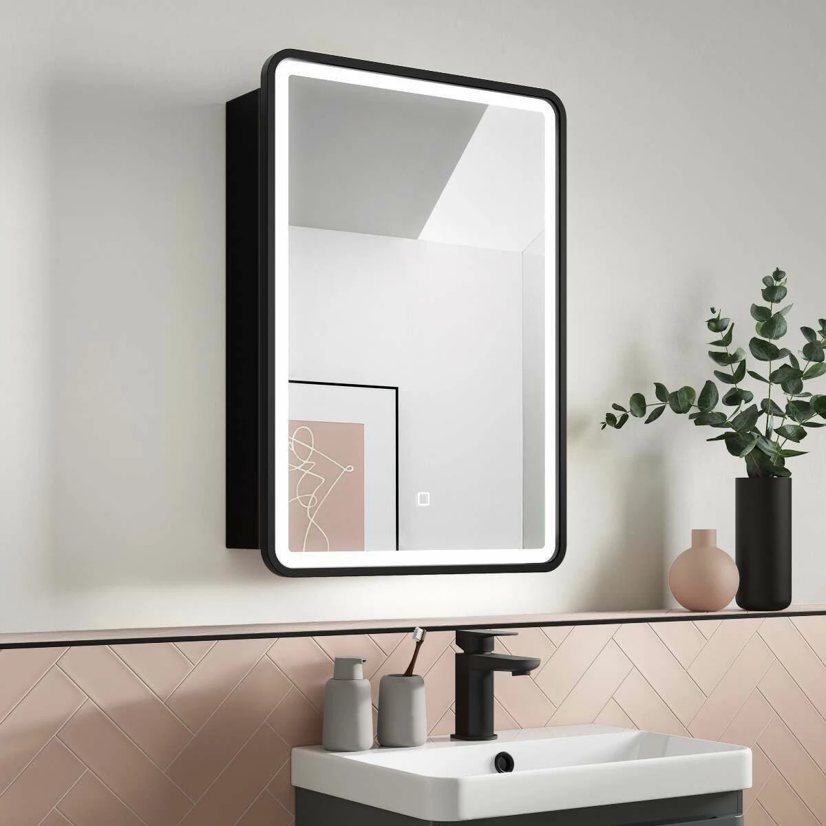 Olivia Black Framed Illuminated LED Mirror Cabinet 710x500mm - Image 2