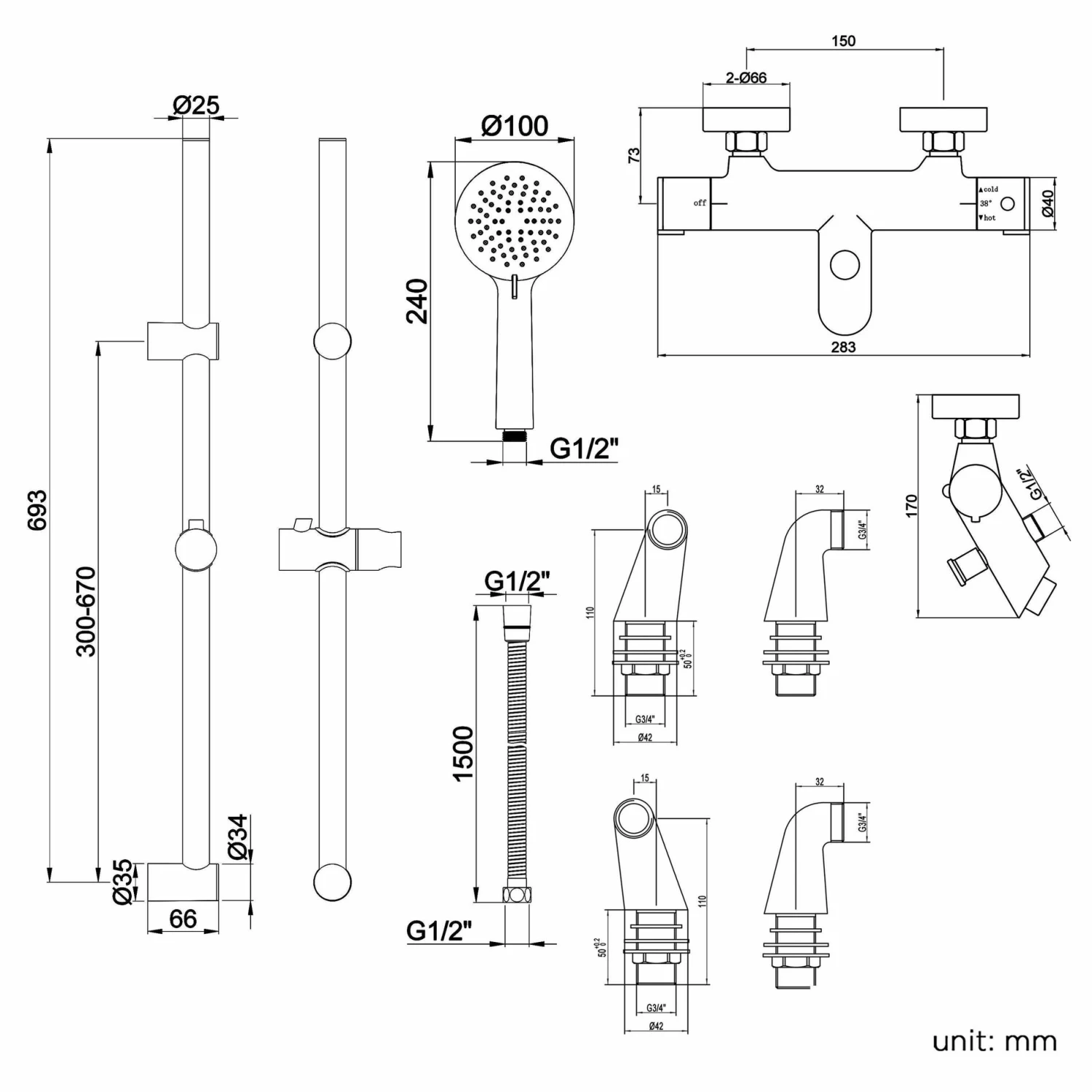 Ballina Premium Bath Mounted Thermostatic Bath Filler Set With Multi-function Hand Shower - Image 5