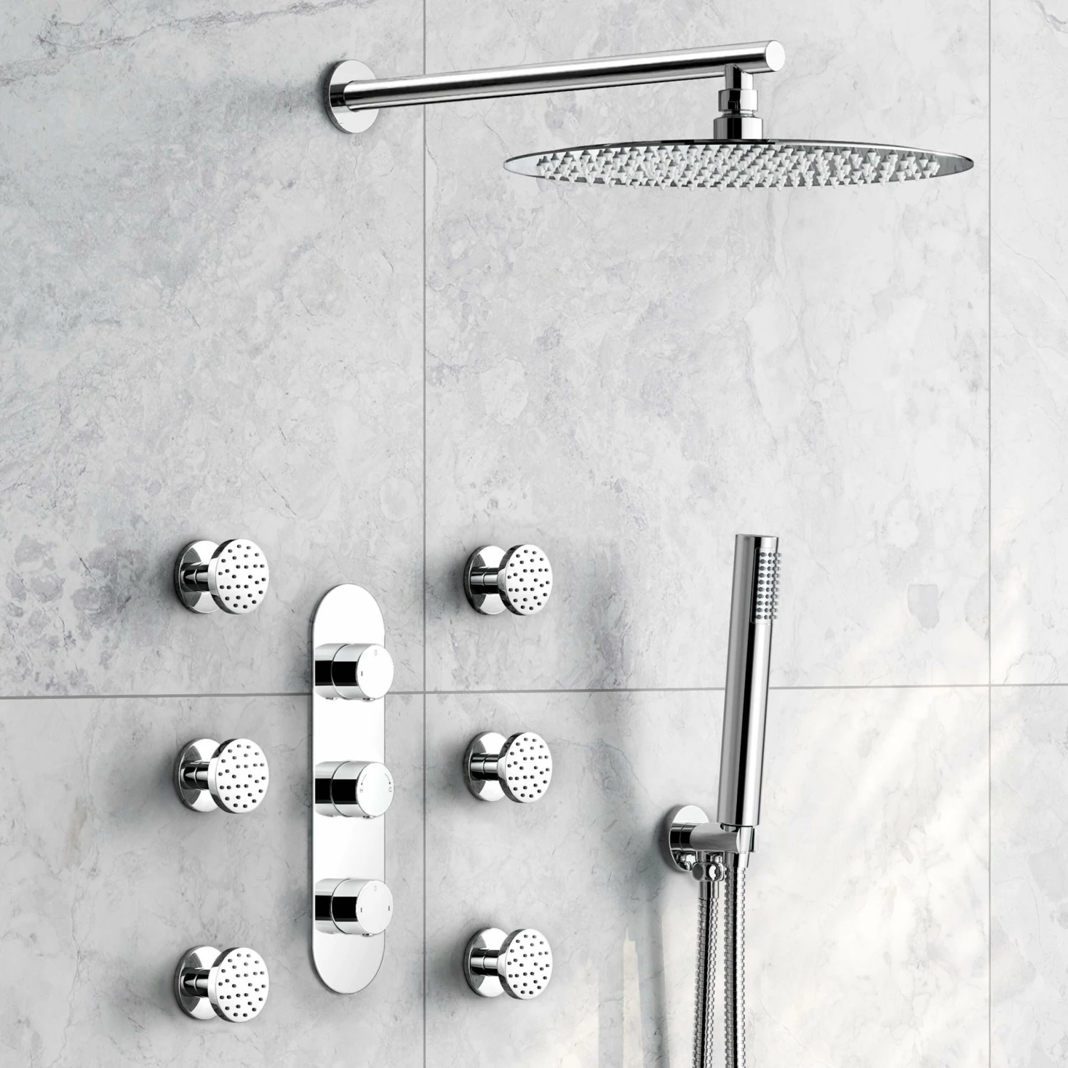 Ballina Premium Chrome Round Thermostatic Set - 300mm Head, Hand Shower & Body Jets