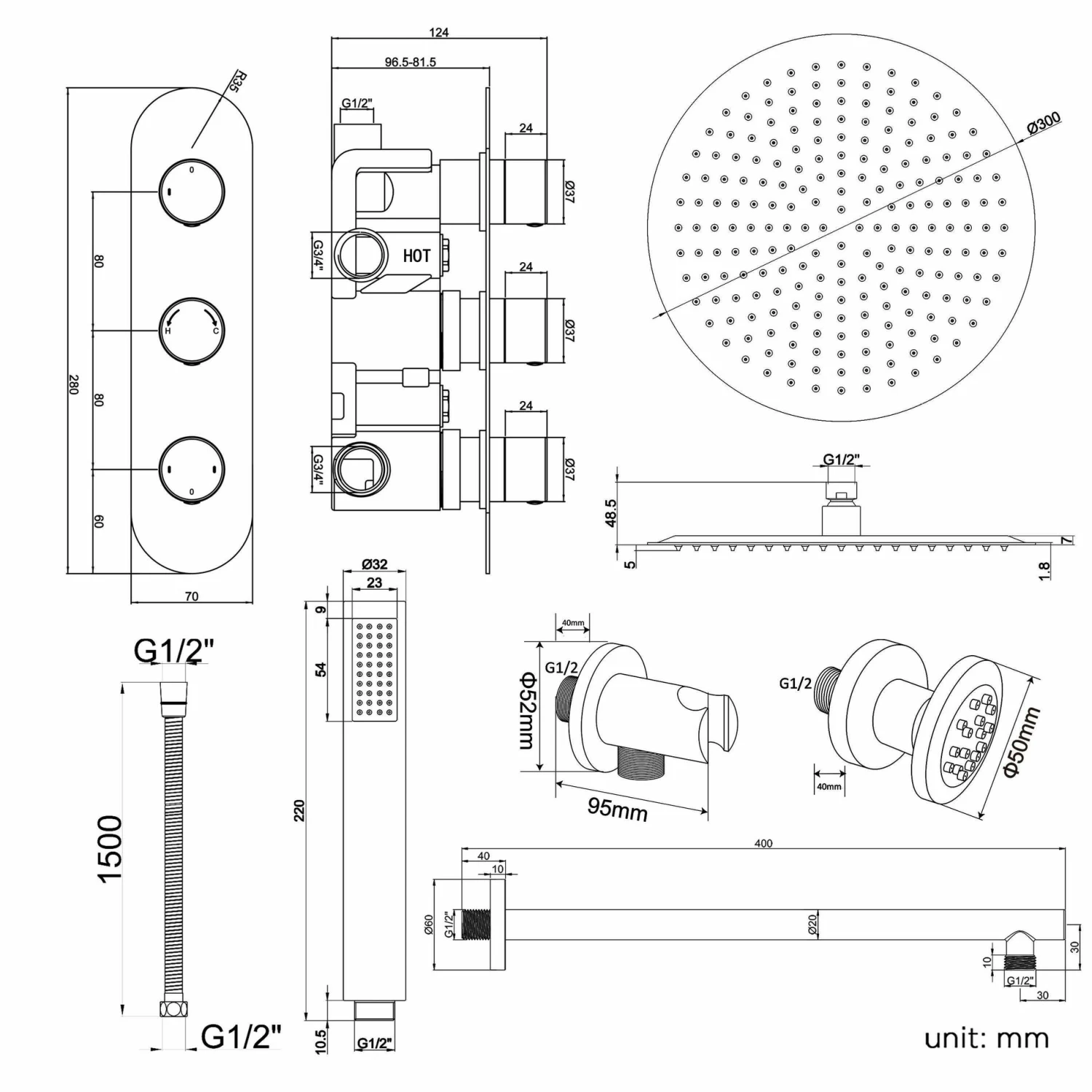 Ballina Premium Chrome Round Thermostatic Set - 300mm Head, Hand Shower & Body Jets - Image 9