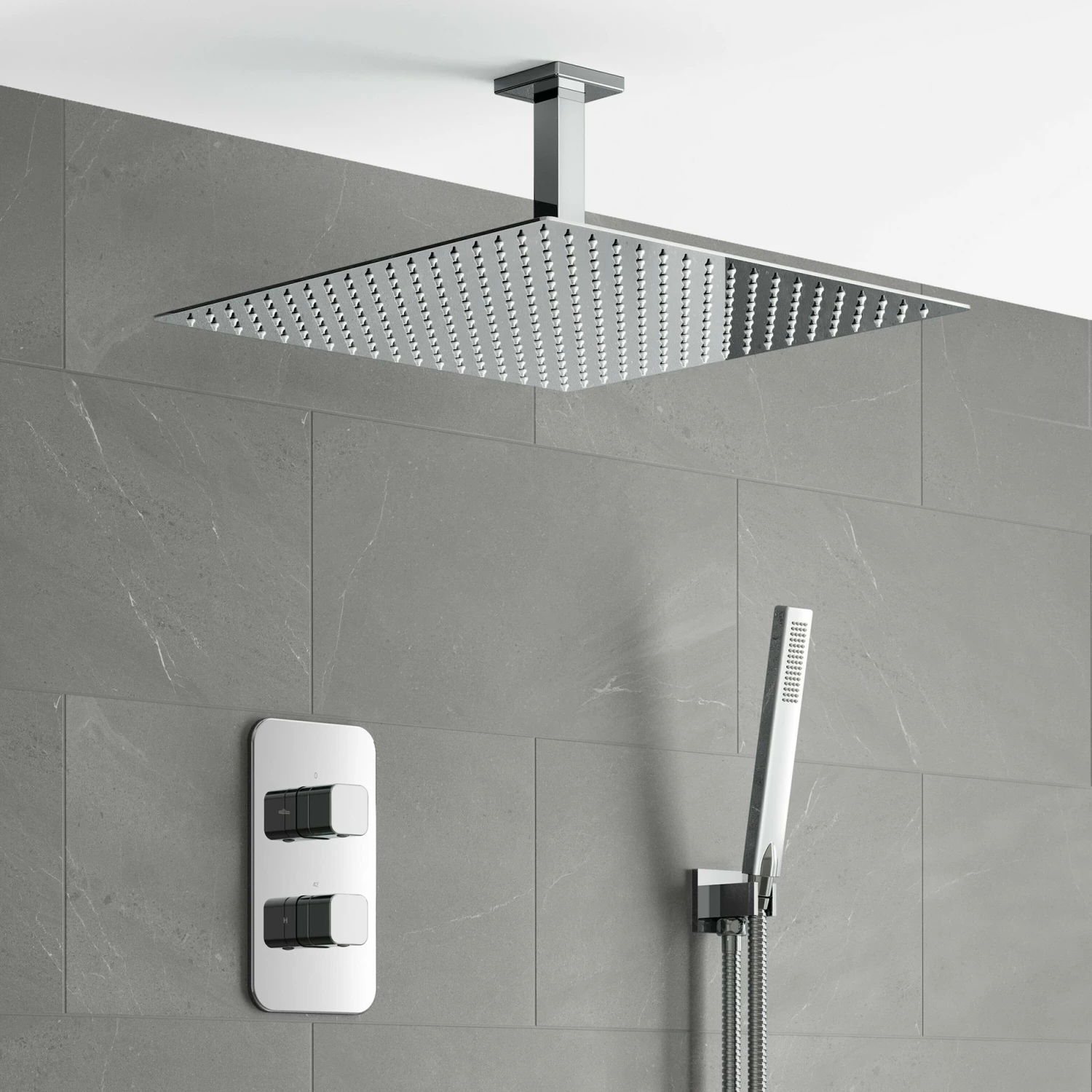 Galway Premium Ceiling Chrome Square Thermostatic Shower Set - 400mm Head & Hand Shower