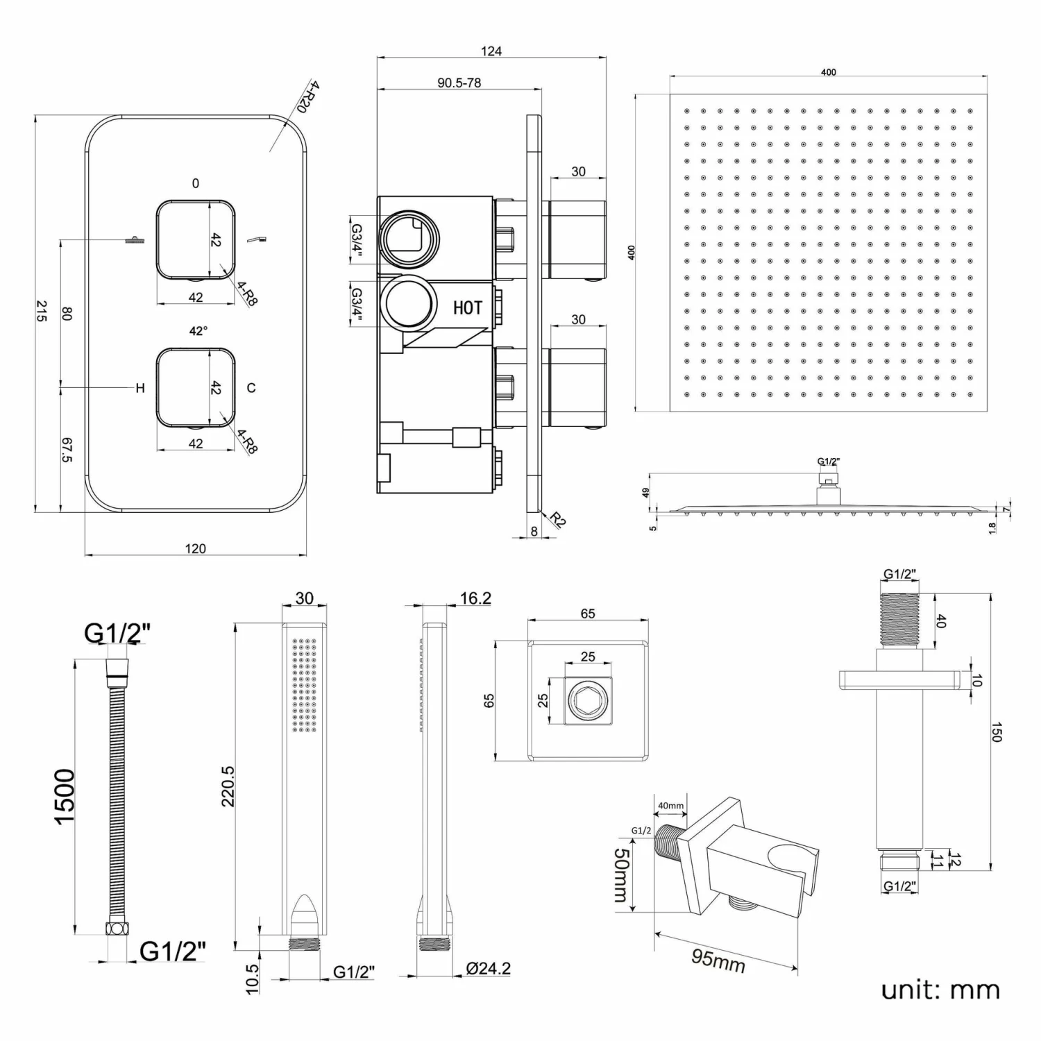 Galway Premium Ceiling Chrome Square Thermostatic Shower Set - 400mm Head & Hand Shower - Image 8