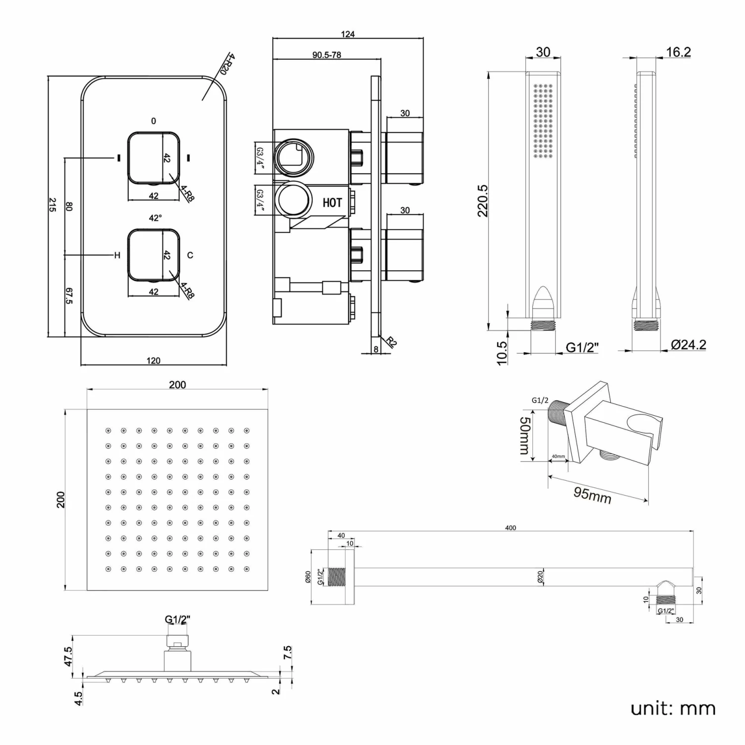 Galway Premium Matt Black Square Thermostatic Shower Set - 200mm Head & Hand Shower - Image 8