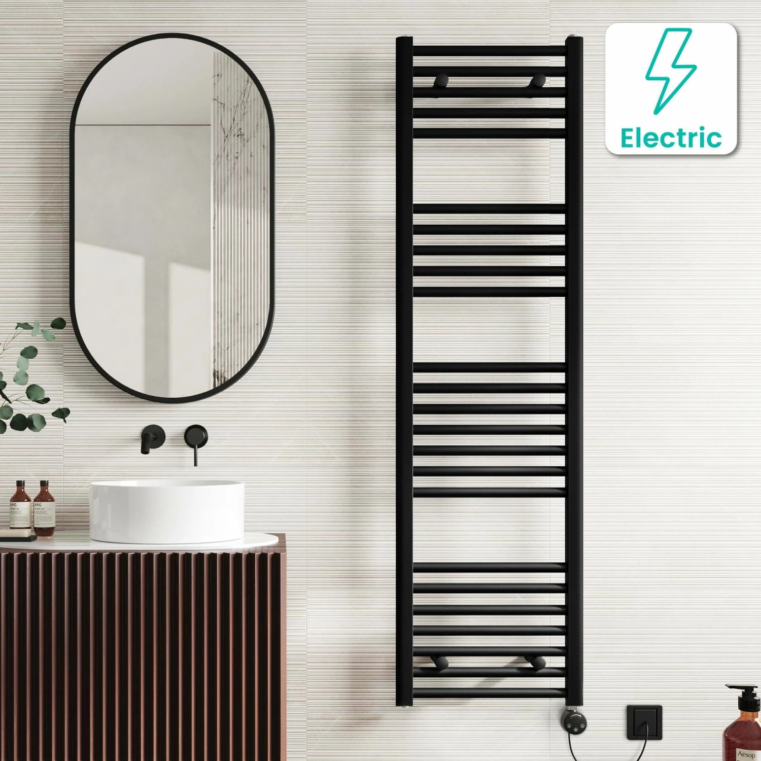 Naples Electric Premium Matt Black Straight Heated Towel Rail 1600x450mm