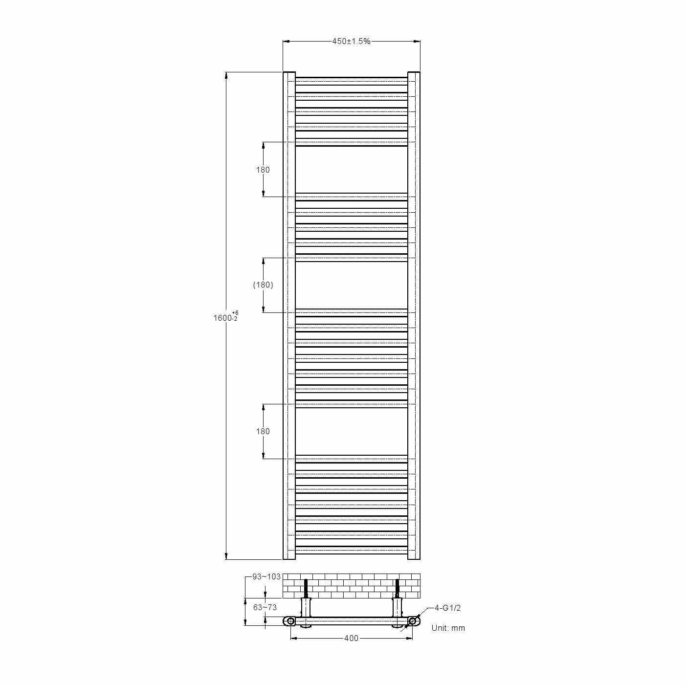 Naples Electric Premium Matt Black Straight Heated Towel Rail 1600x450mm - Image 6