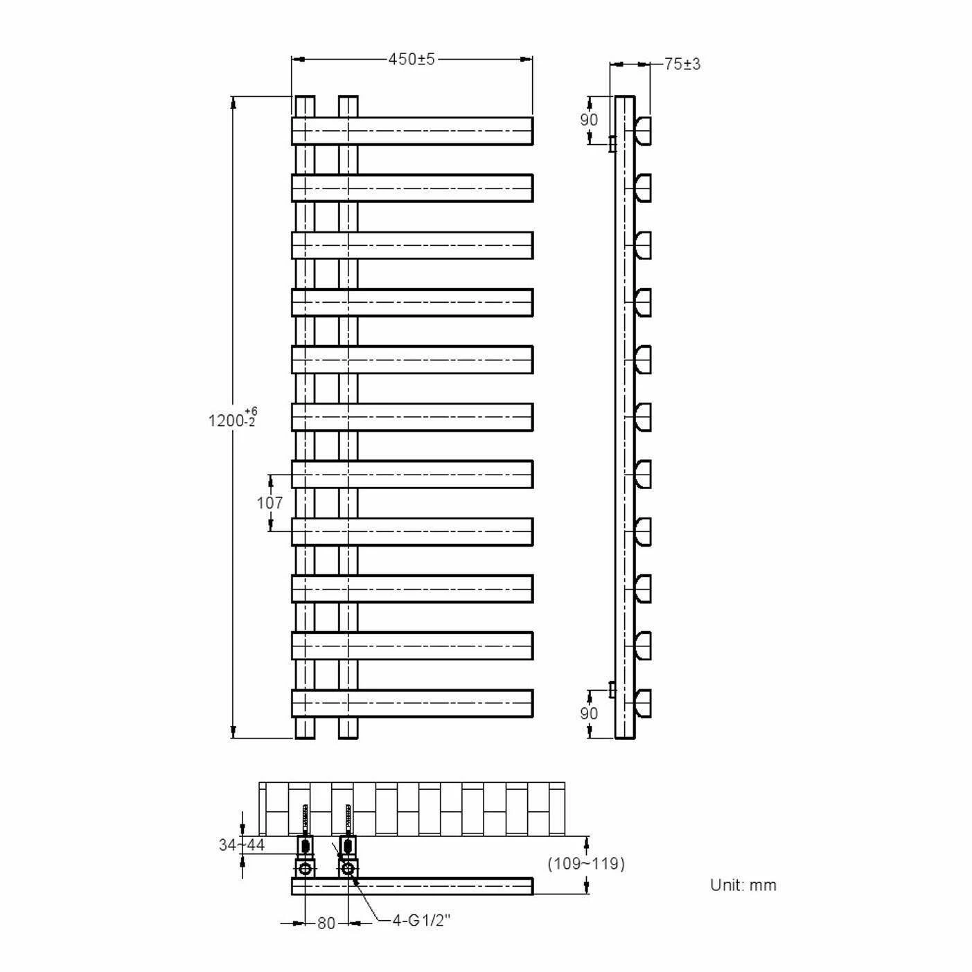 Palermo Electric Anthracite Designer Heated Towel Rail 1200x450mm - Image 7