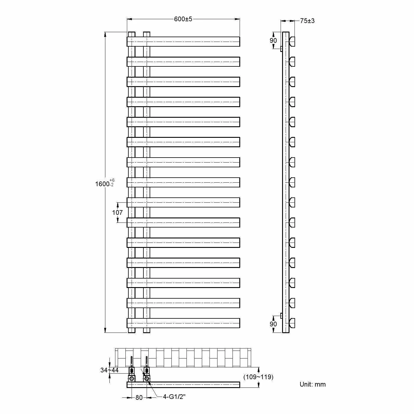 Palermo Electric Matt Black Designer Heated Towel Rail 1600x600mm - Image 7