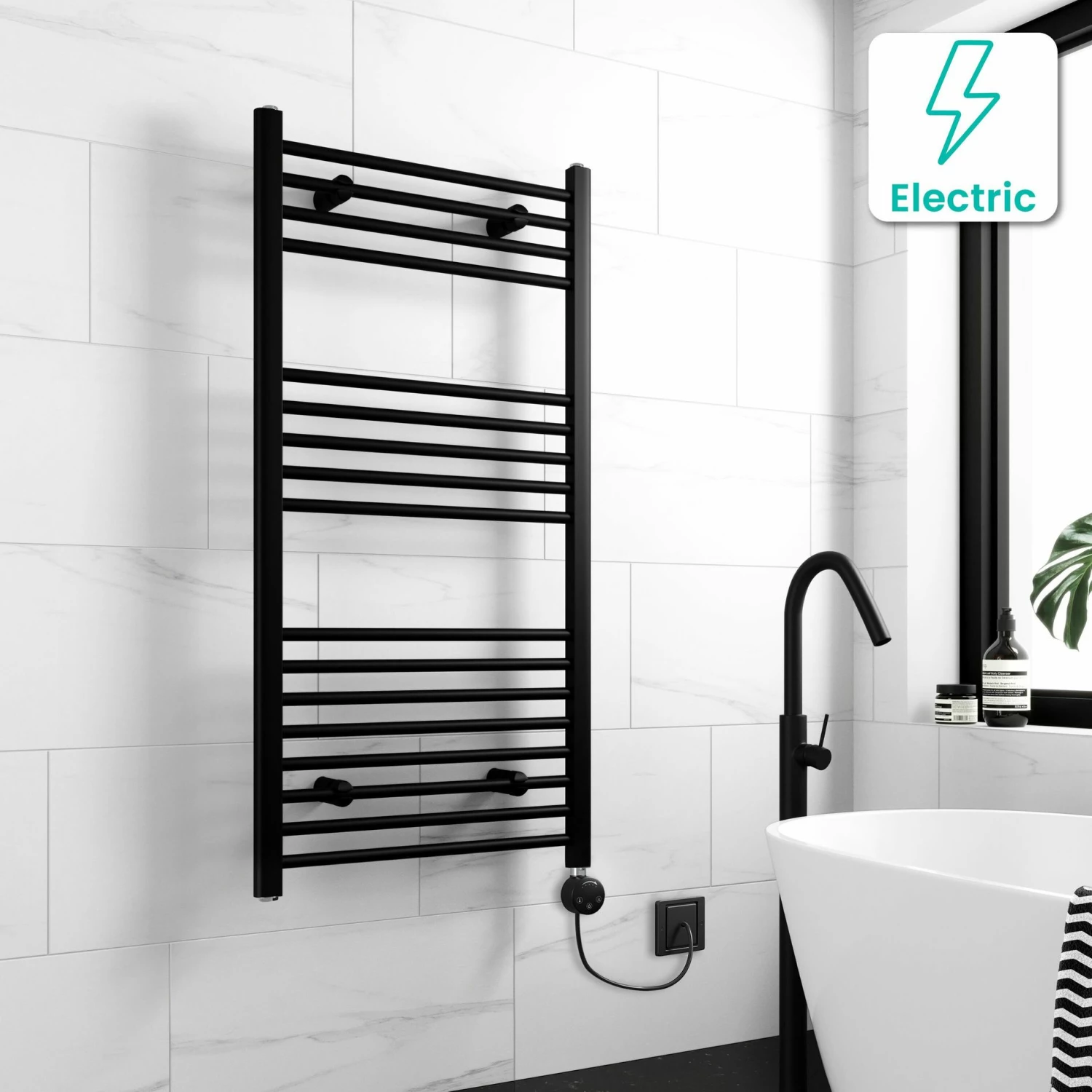 Barcelona Electric Matt Black Straight Heated Towel Rail 1200x600mm