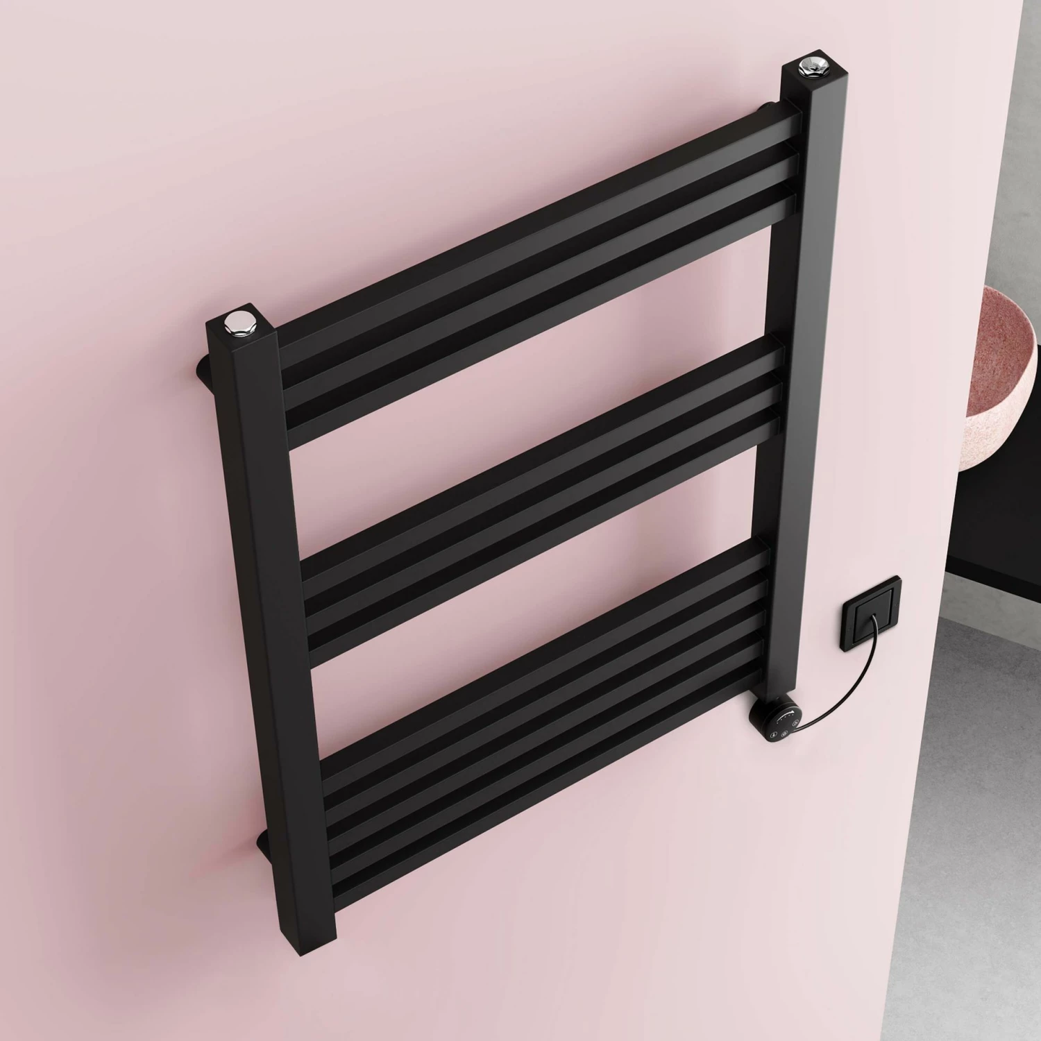 Valetta Electric Matt Black Square Heated Towel Rail 800x600mm - Image 2