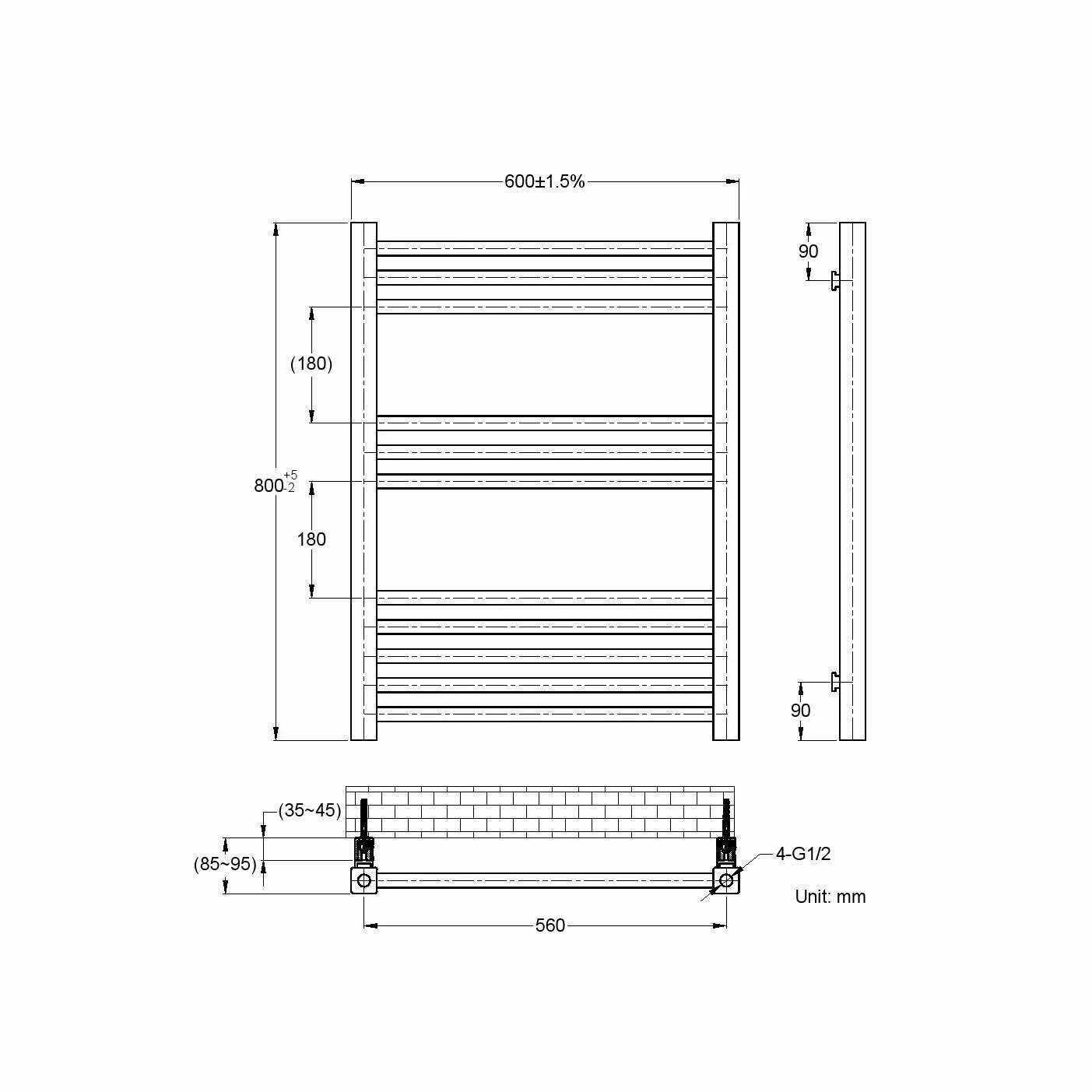 Valetta Electric Matt Black Square Heated Towel Rail 800x600mm - Image 5