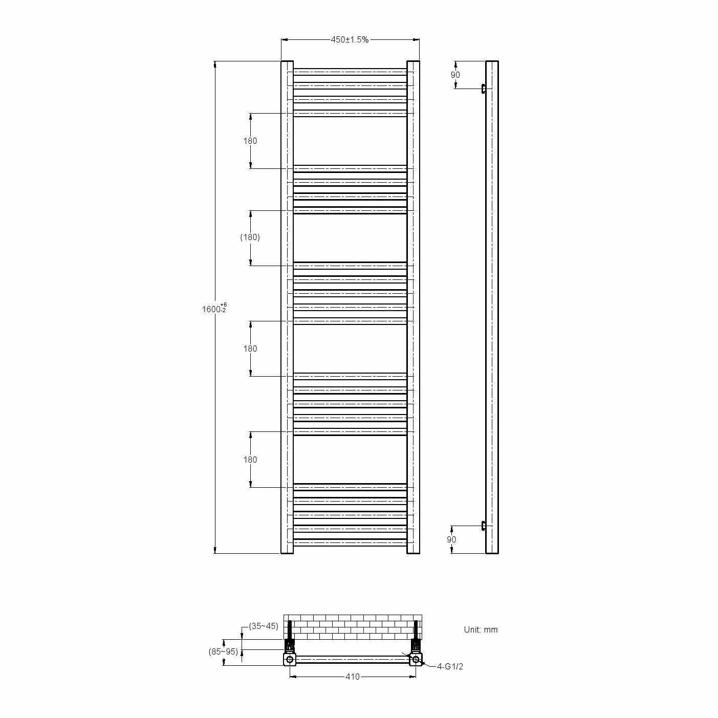 Valetta Electric Matt Black Square Heated Towel Rail 1600x450mm - Image 5