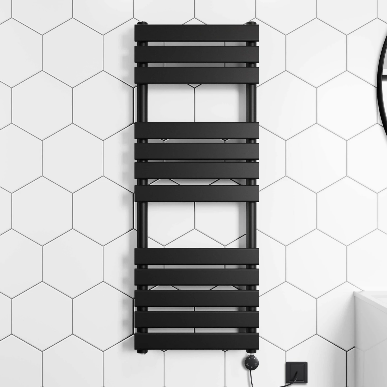 Santorini Electric Matt Black Flat Panel Heated Towel Rail 1200x450mm - Image 2