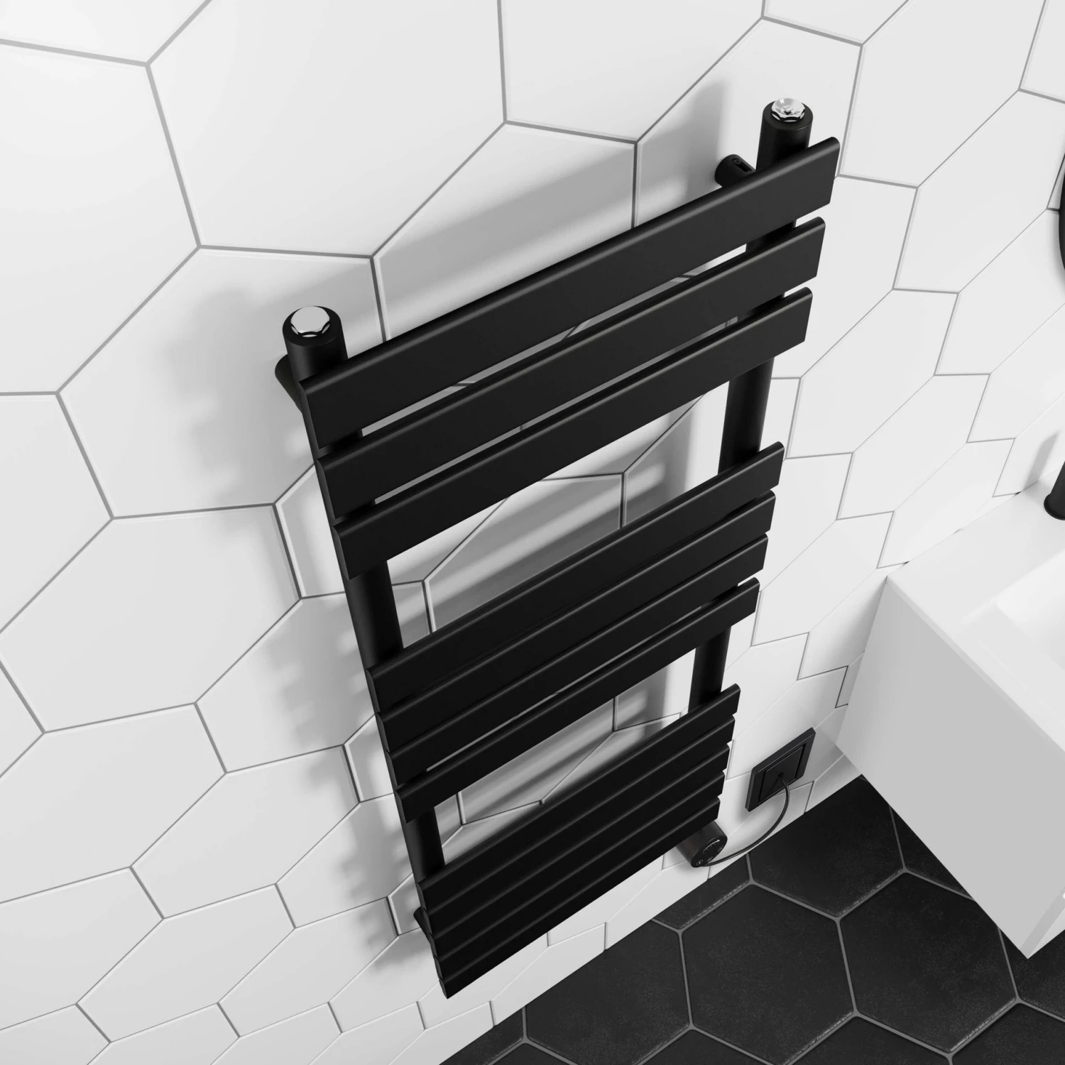 Santorini Electric Matt Black Flat Panel Heated Towel Rail 1200x450mm - Image 3