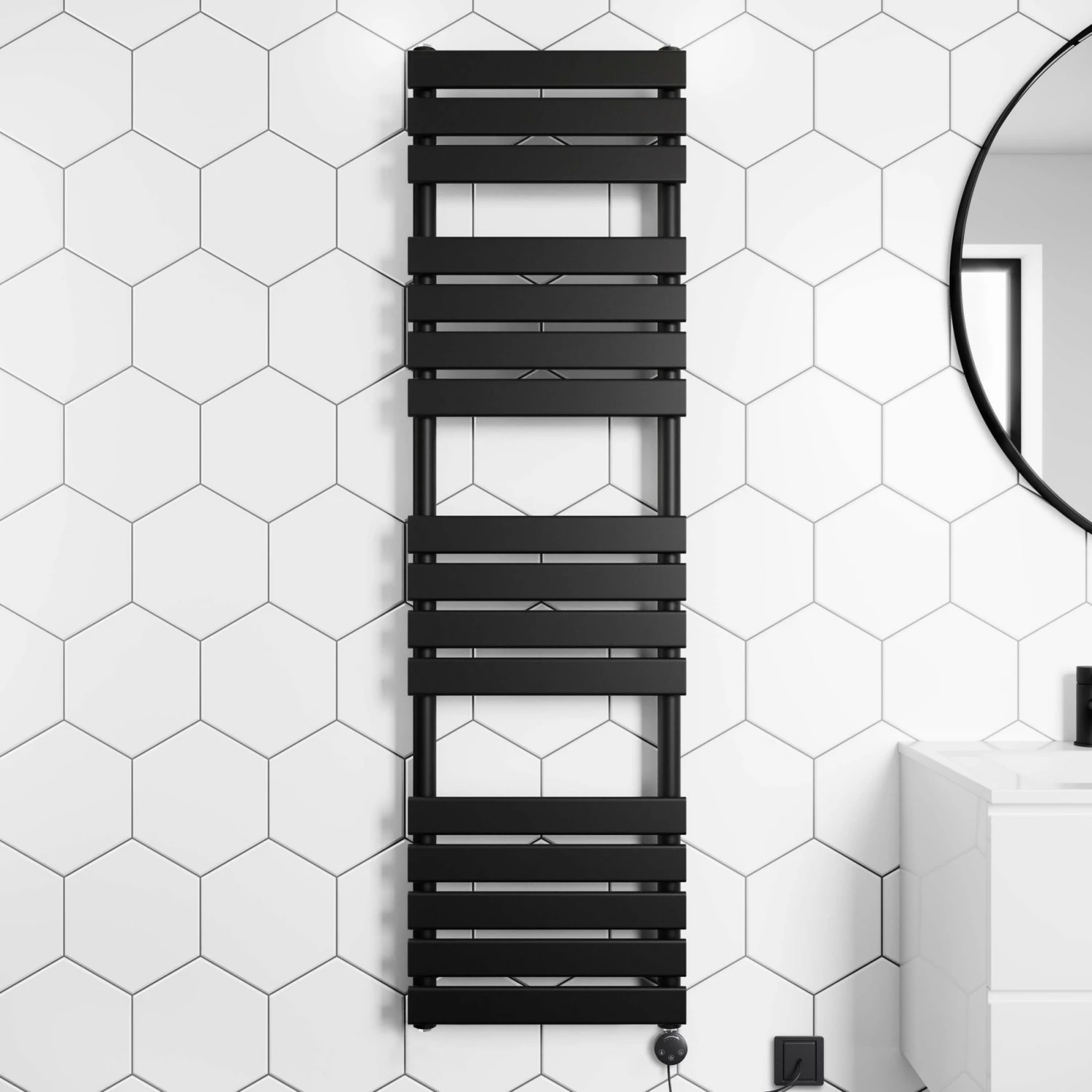 Santorini Electric Matt Black Flat Panel Heated Towel Rail 1600x450mm - Image 2