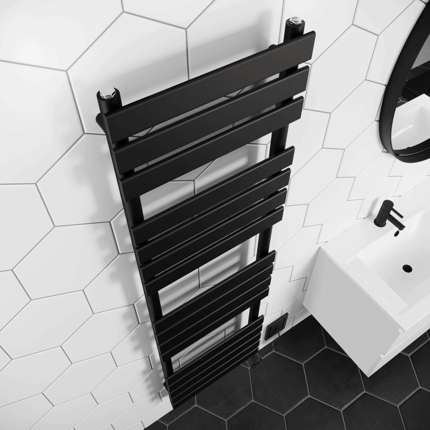Santorini Electric Matt Black Flat Panel Heated Towel Rail 1600x450mm - Image 3