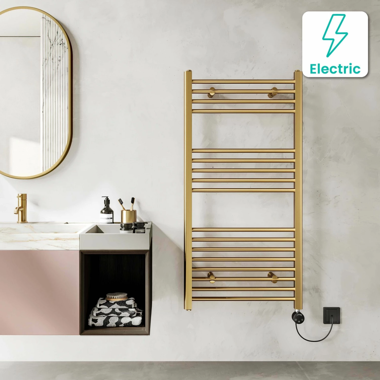 Barcelona Electric Brushed Brass Straight Heated Towel Rail 1200x600mm