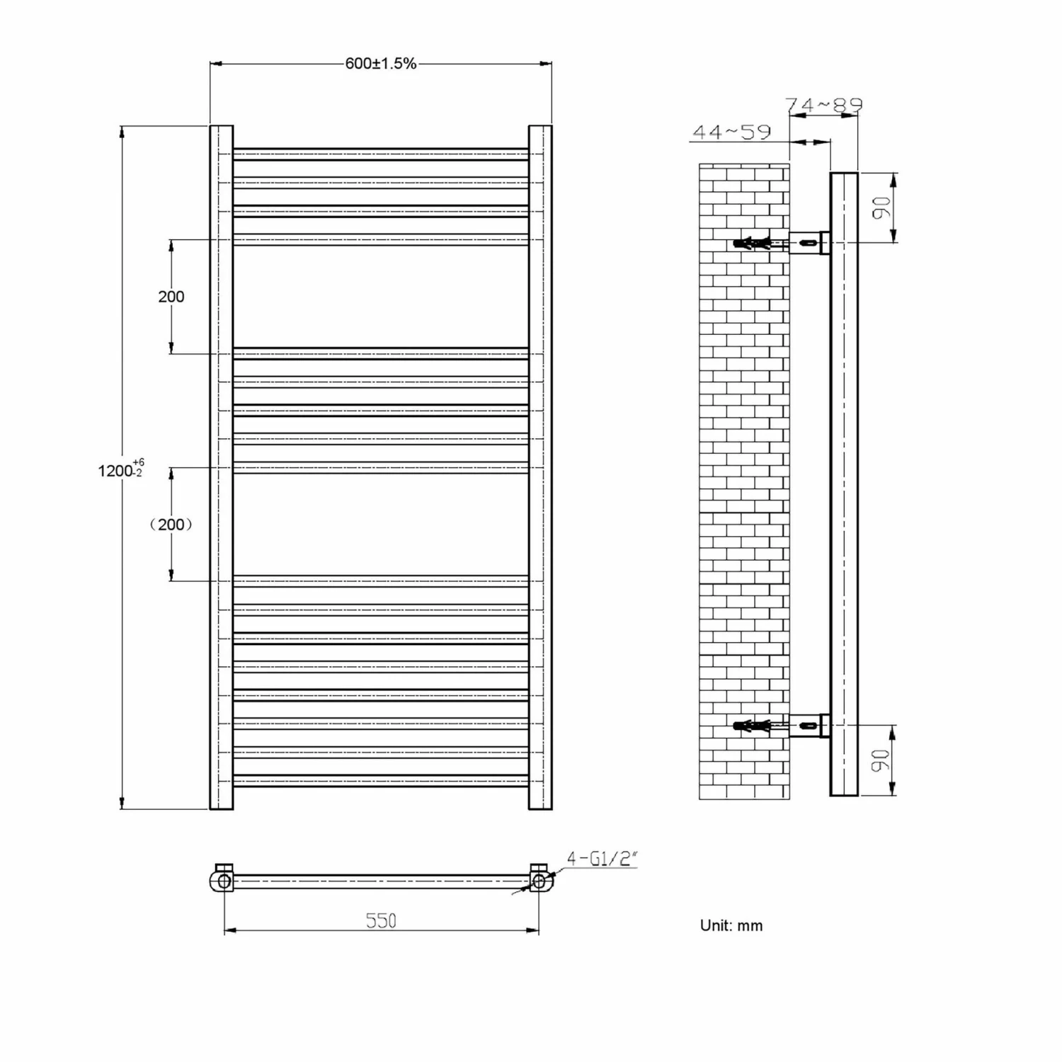 Barcelona Electric Brushed Brass Straight Heated Towel Rail 1200x600mm - Image 6