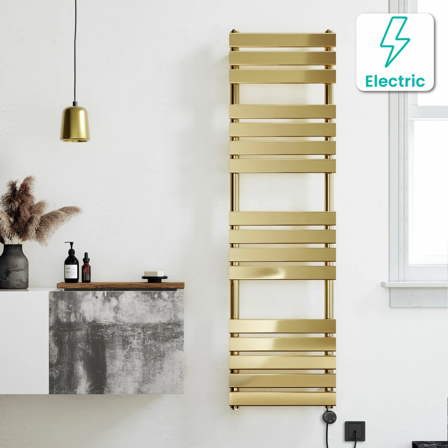 Santorini Electric Brushed Brass Flat Panel Heated Towel Rail 1600x450mm