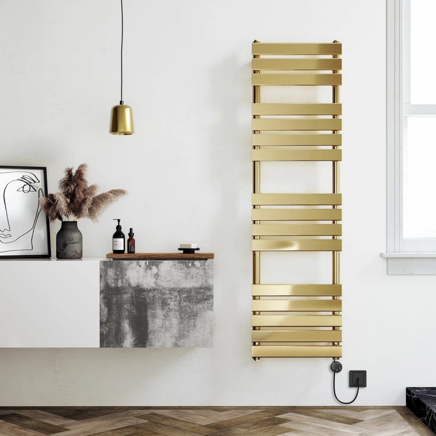 Santorini Electric Brushed Brass Flat Panel Heated Towel Rail 1600x450mm - Image 2