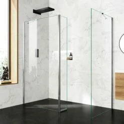 Copenhagen Easy Clean 8mm Walk In Shower Enclosure 1100mm & 900mm Glass With Pivotal Return Panel