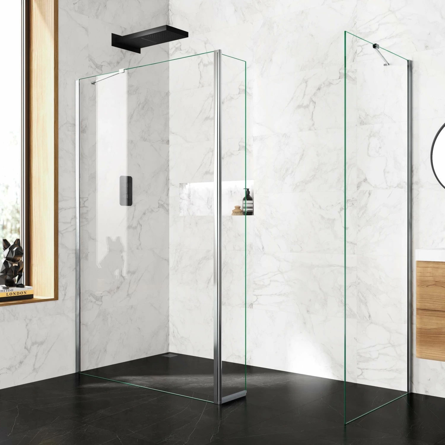Copenhagen Easy Clean 8mm Walk In Shower Enclosure 1200mm & 700mm Glass With Pivotal Return Panel