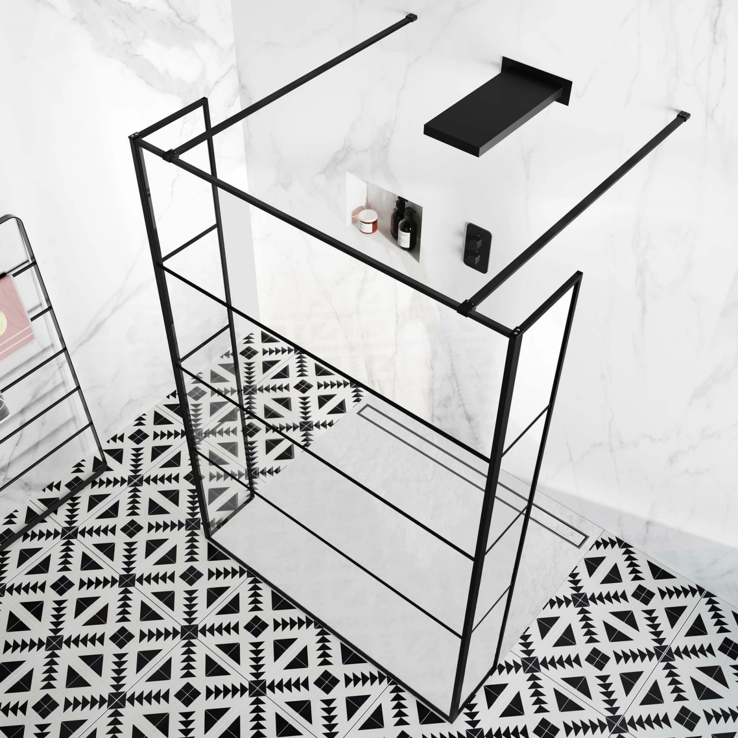 Munich Matt Black Grid 8mm Walk Through Wet Room Shower Glass Panel 1400mm & 250mm Return Panel - Image 2