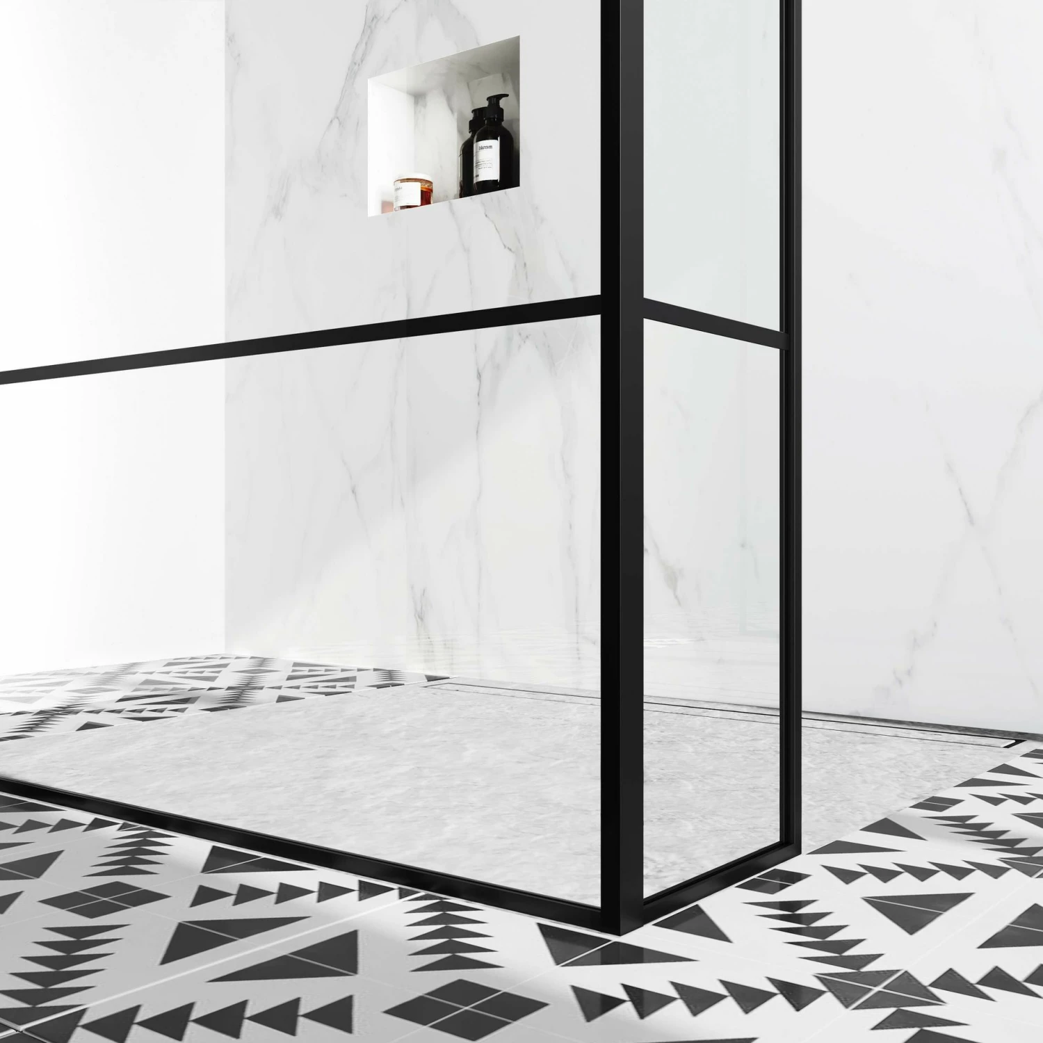 Munich Matt Black Grid 8mm Walk Through Wet Room Shower Glass Panel 1400mm & 250mm Return Panel - Image 6