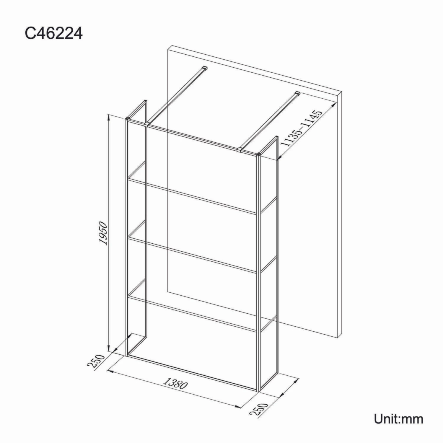 Munich Matt Black Grid 8mm Walk Through Wet Room Shower Glass Panel 1400mm & 250mm Return Panel - Image 7