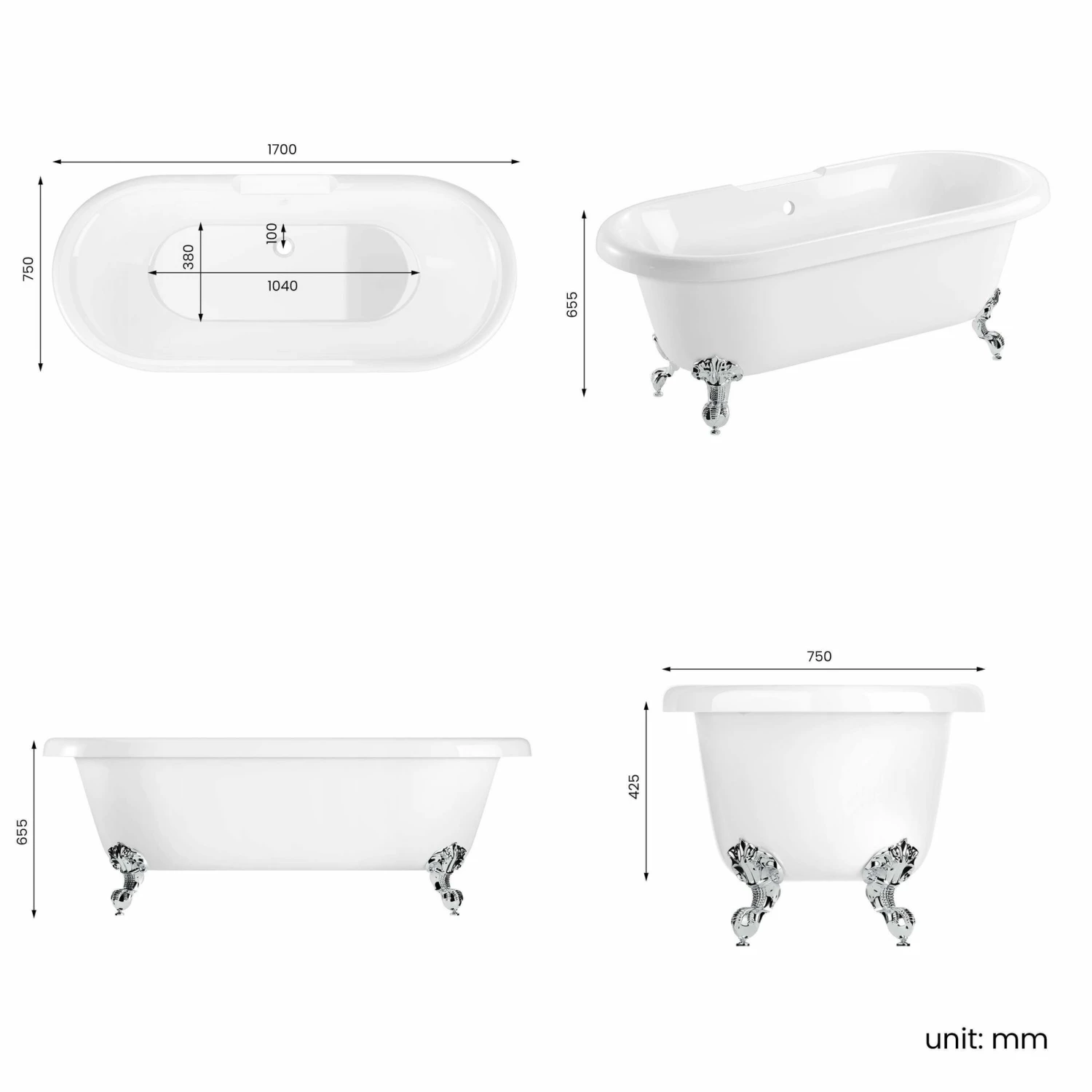 Grosvenor 1700mm Roll Top Bath - Chrome Ball Feet - Image 7