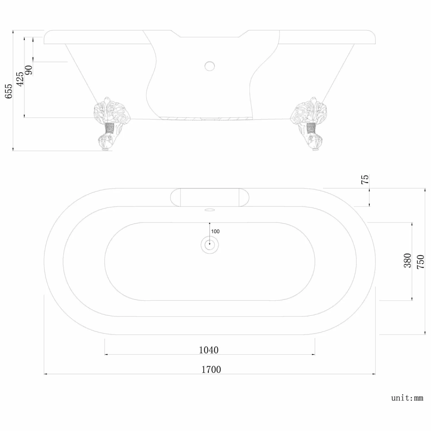 Grosvenor 1700mm Roll Top Bath - Chrome Ball Feet - Image 8
