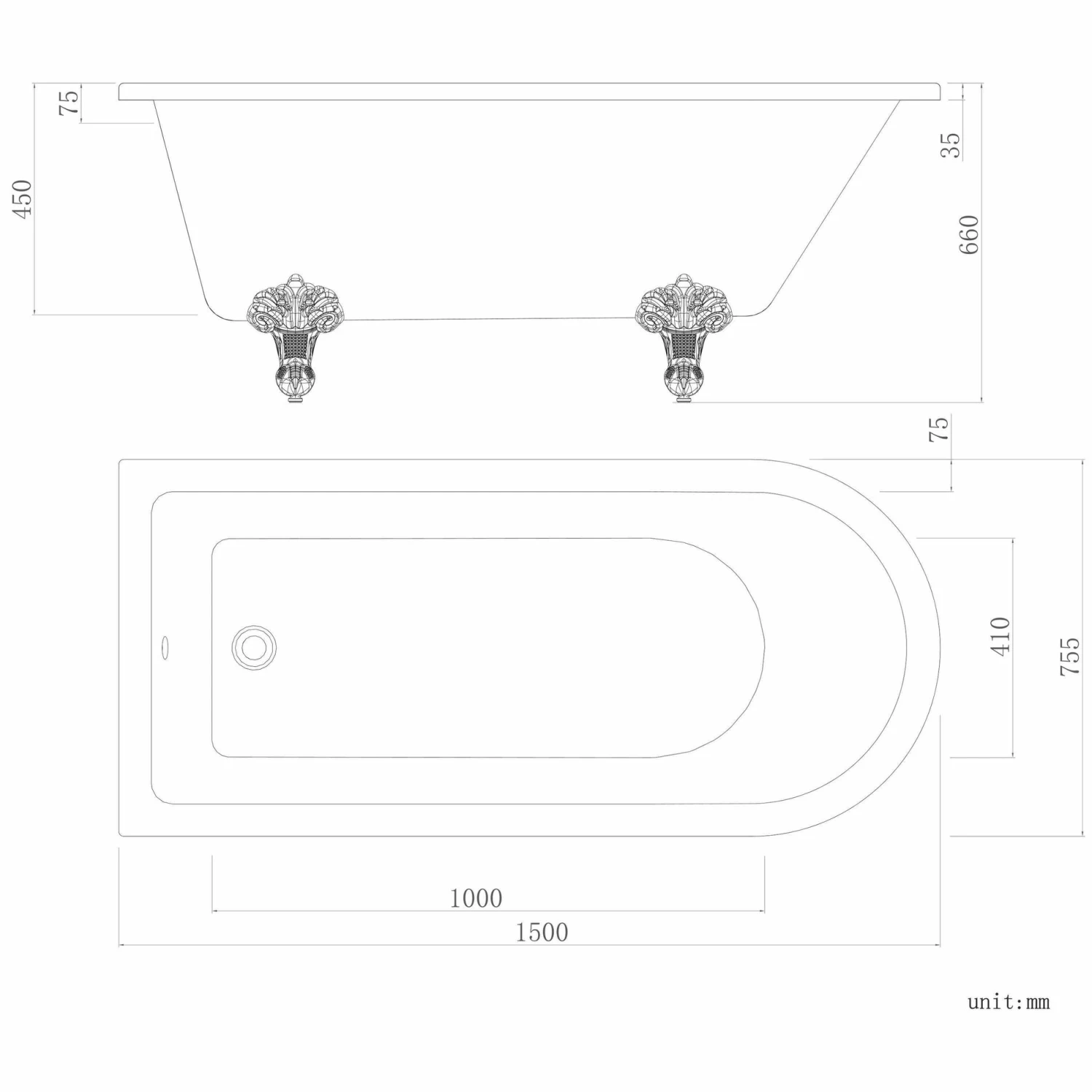 Abingdon 1500mm Single Ended Roll Top Bath - White Ball Feet - Image 5