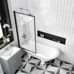 Abingdon 1500 Roll Top Shower Bath - White Ball Feet & 6mm Easy Clean Matt Black Framed Screen