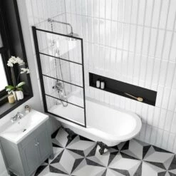 Abingdon 1500 Roll Top Shower Bath - Black Ball Feet & 6mm Easy Clean Matt Black Grid Screen