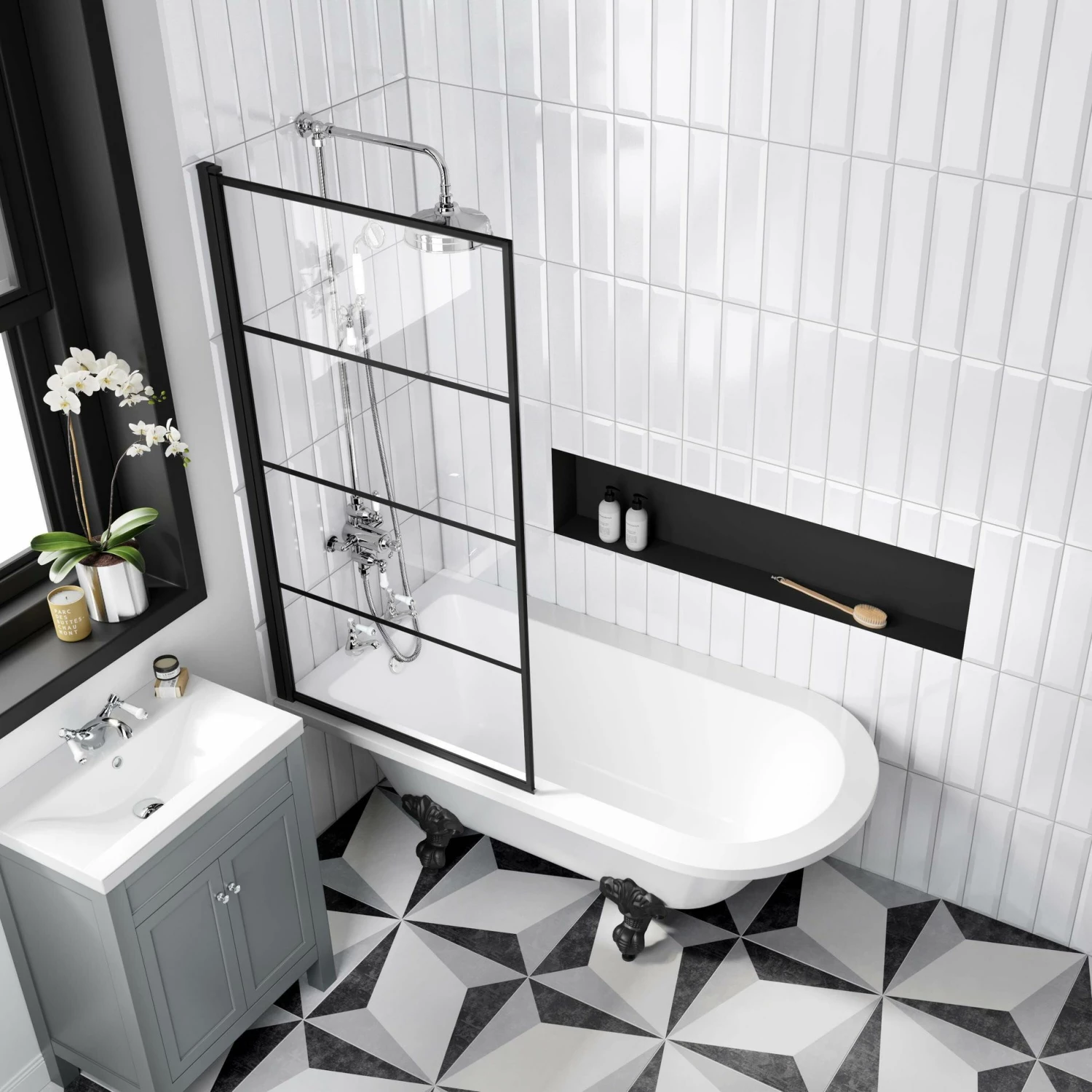 Abingdon 1500 Roll Top Shower Bath - Black Ball Feet & 6mm Easy Clean Matt Black Grid Screen