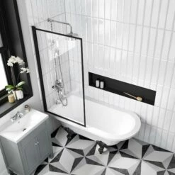 Abingdon 1500 Roll Top Shower Bath - Black Ball Feet & 6mm Easy Clean Matt Black Framed Screen