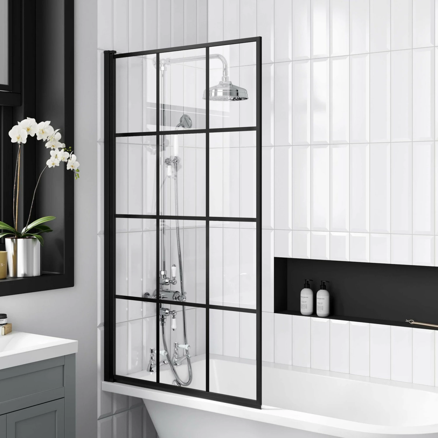 Abingdon 1500 Roll Top Shower Bath - White Claw Feet & 6mm Easy Clean Matt Black Crittall Screen - Image 4
