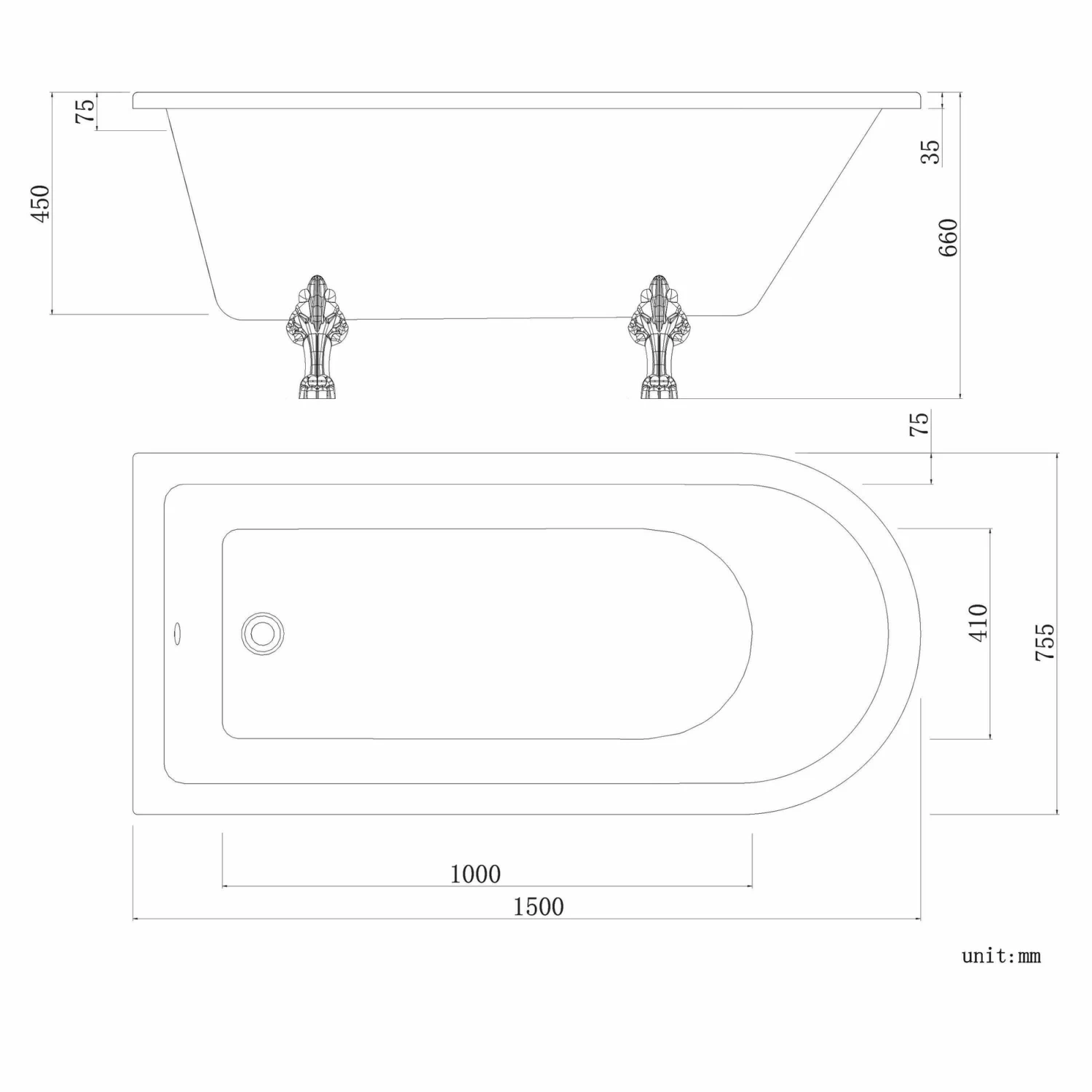 Abingdon 1500 Roll Top Shower Bath - White Claw Feet & 6mm Easy Clean Matt Black Crittall Screen - Image 6