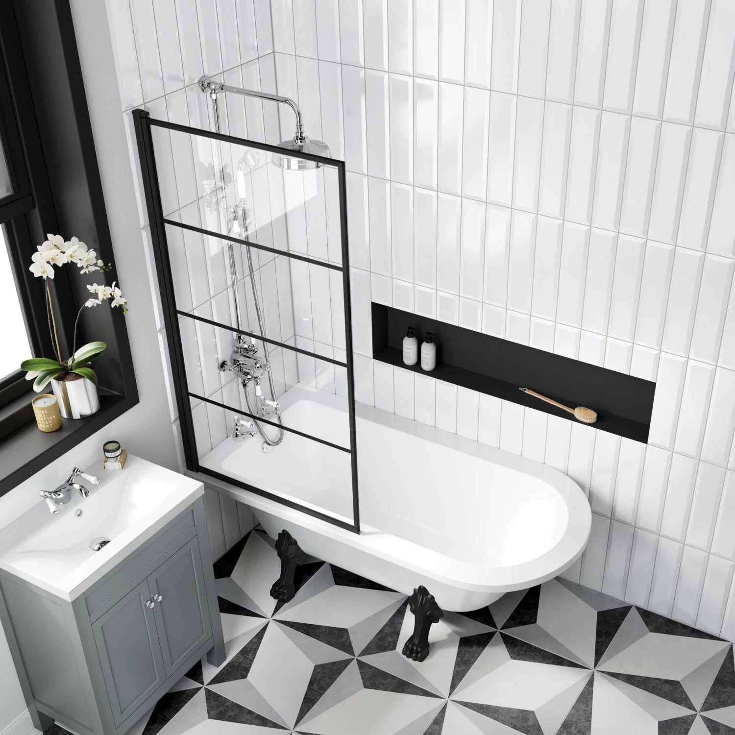 Abingdon 1500 Roll Top Shower Bath - Black Claw Feet & 6mm Easy Clean Matt Black Grid Screen - Image 2