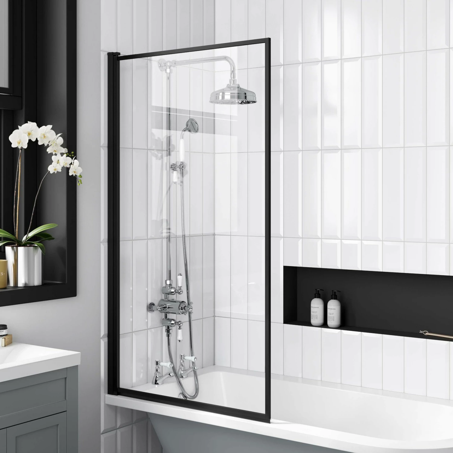 Abingdon 1500 Dove Grey Roll Top Shower Bath - White Claw Feet & 6mm Easy Clean Matt Black Framed Screen - Image 3