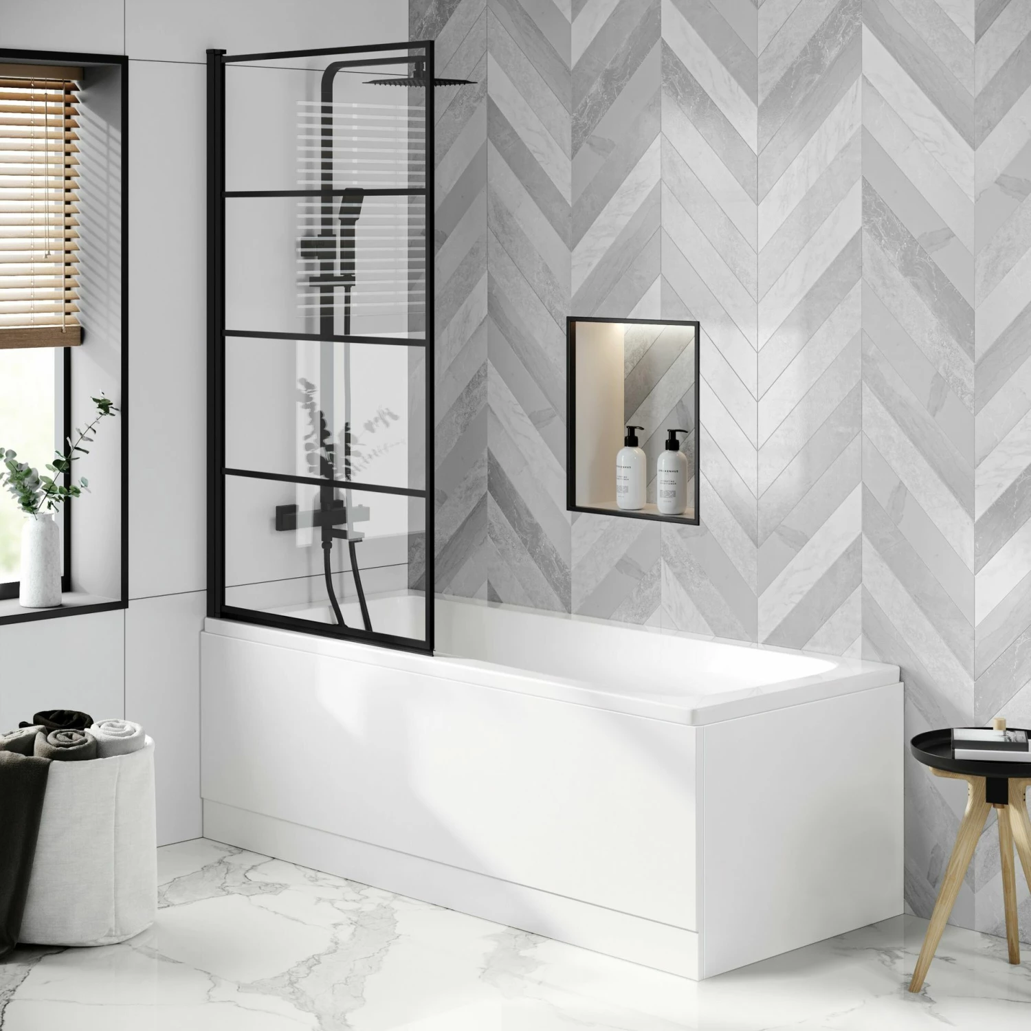 Hereford V2 1500x700 Square Shower Bath & 6mm Easy Clean Matt Black Grid Bath Screen