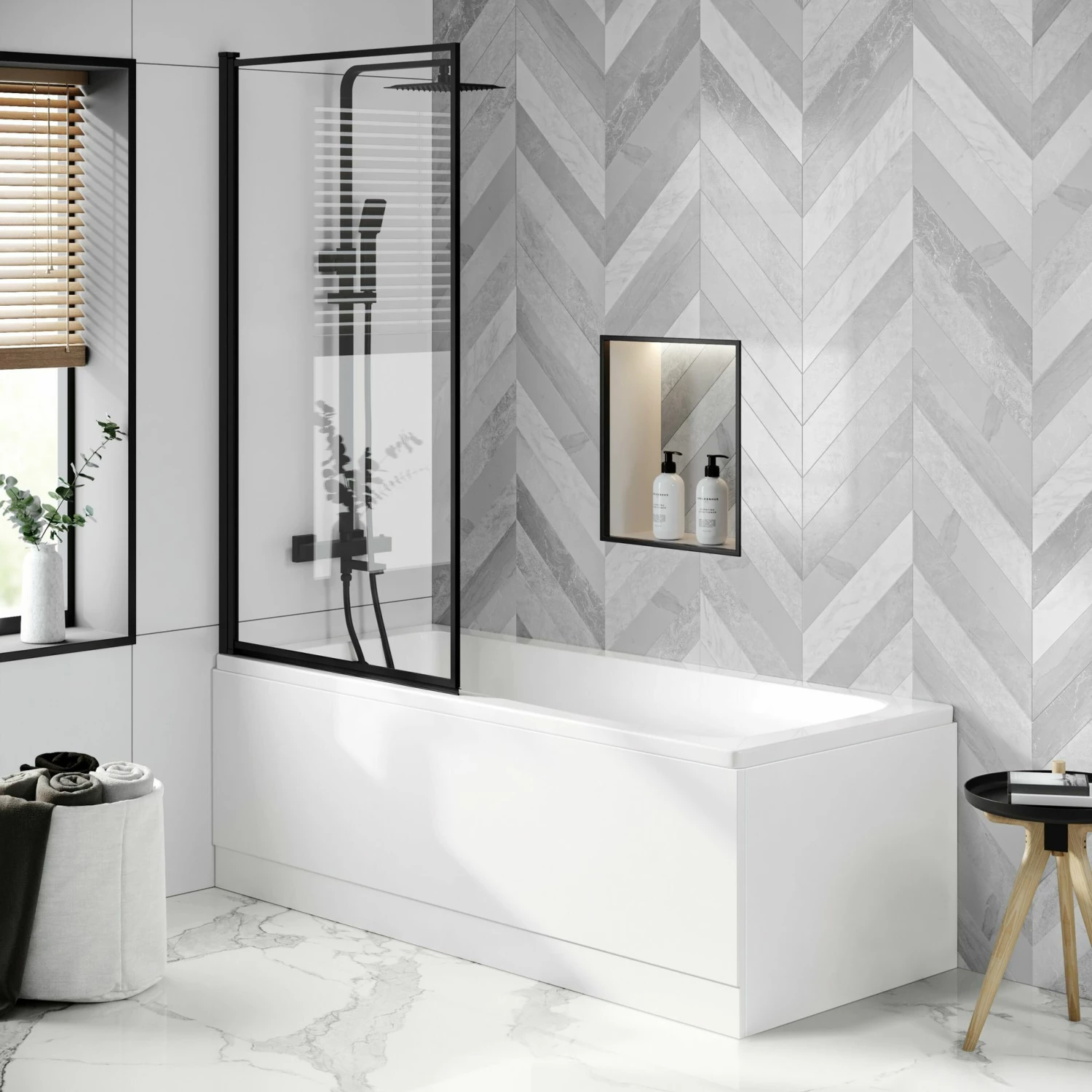 Hereford V2 1500x700 Square Shower Bath & 6mm Easy Clean Matt Black Framed Bath Screen