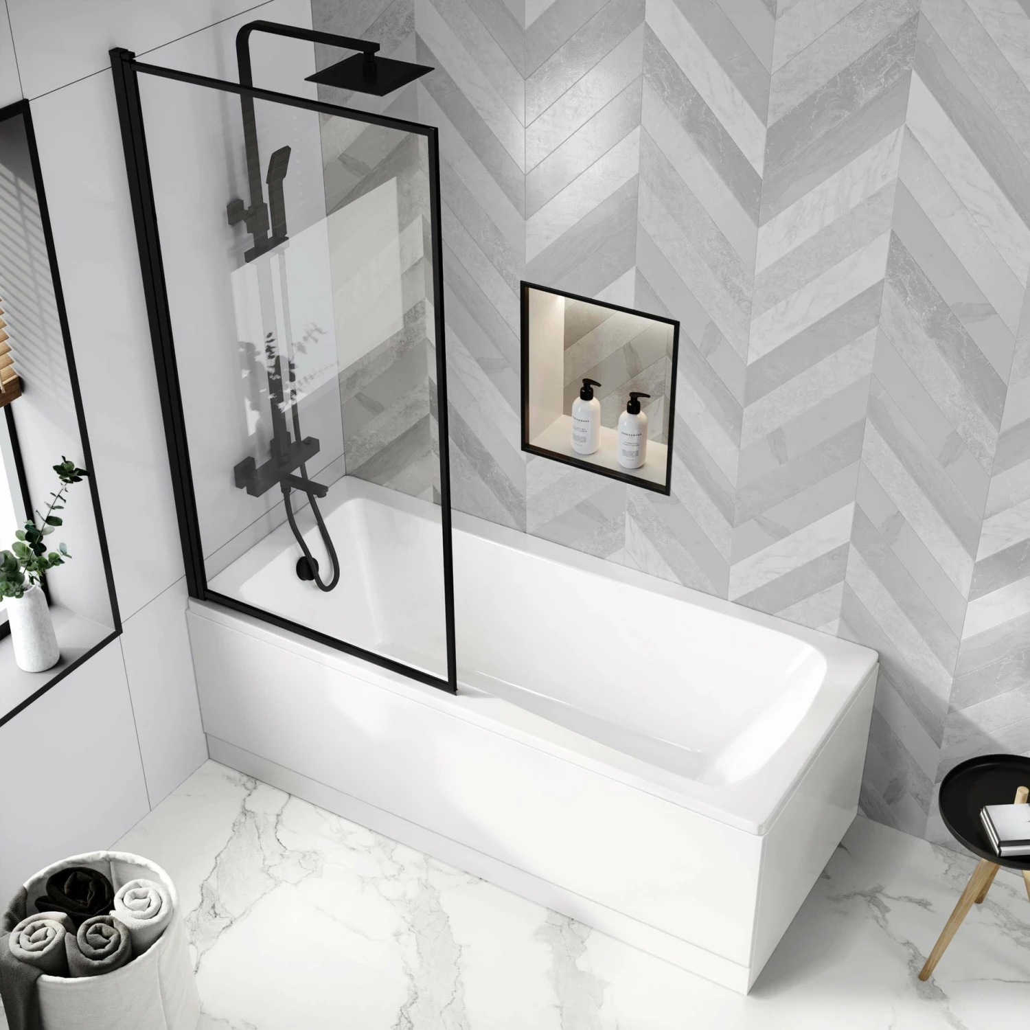 Hereford V2 1500x700 Square Shower Bath & 6mm Easy Clean Matt Black Framed Bath Screen - Image 2