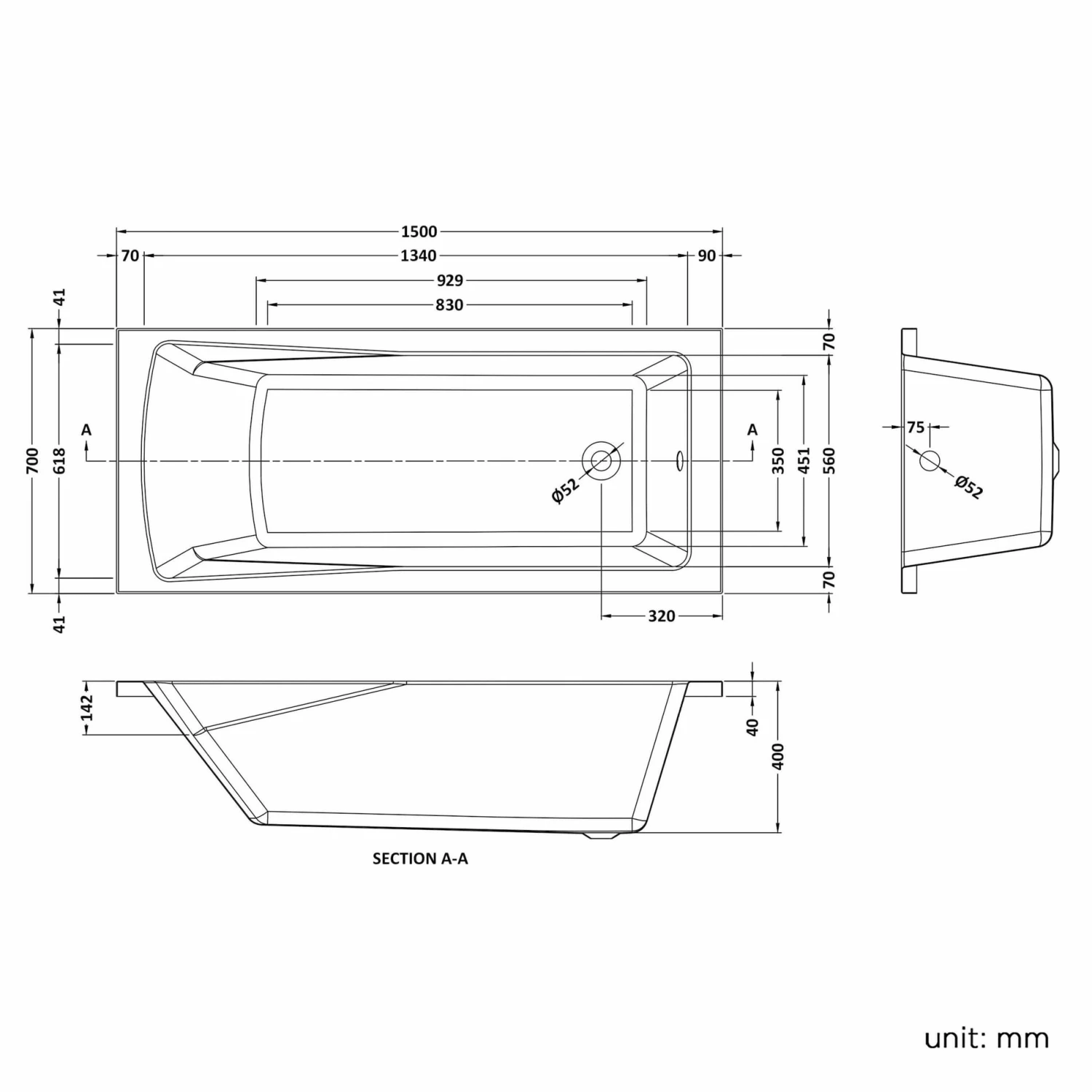 Hereford V2 1500x700 Square Shower Bath & 6mm Easy Clean Matt Black Framed Bath Screen - Image 5