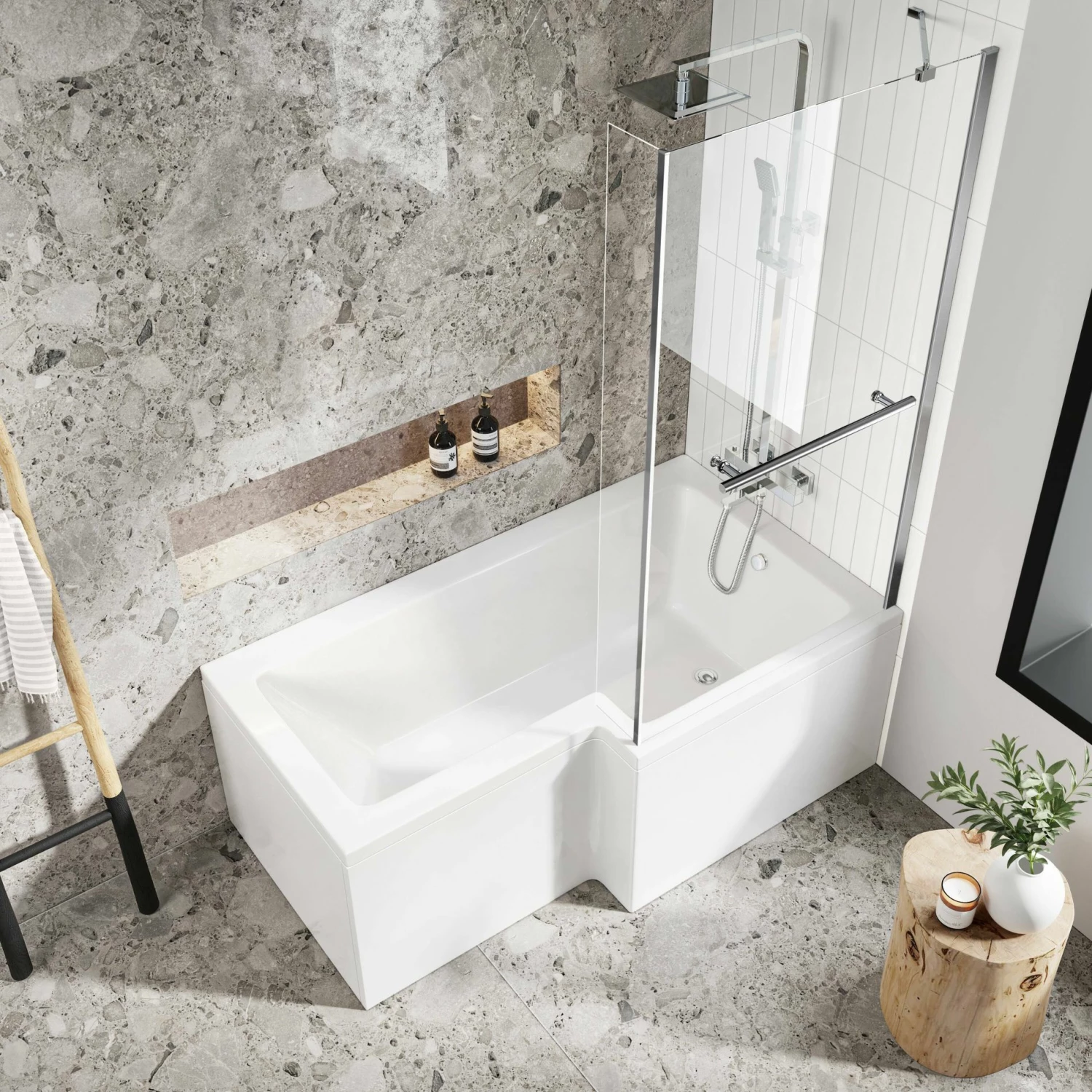 L Shaped 1500 Shower Bath With Front Panel & 4mm Fixed Screen With Rail - Right Handed - Image 2